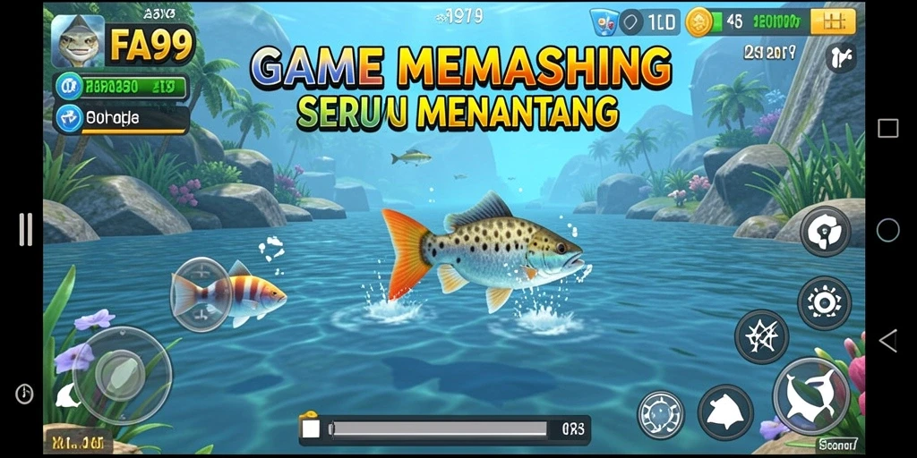 Tampilan menarik dari gameplay FA99 saat memancing di danau yang indah.