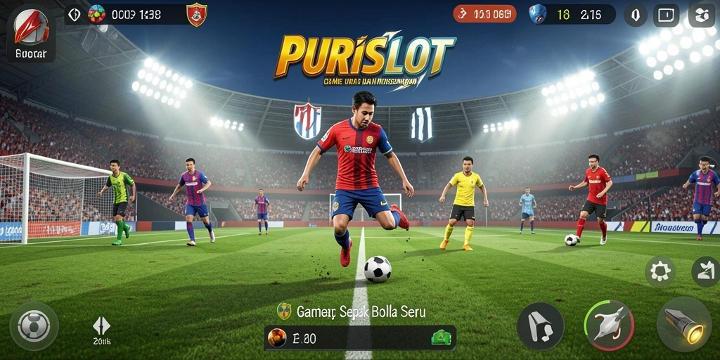 Screenshot gameplay PURISLOT yang menunjukkan aksi pertandingan sepak bola.