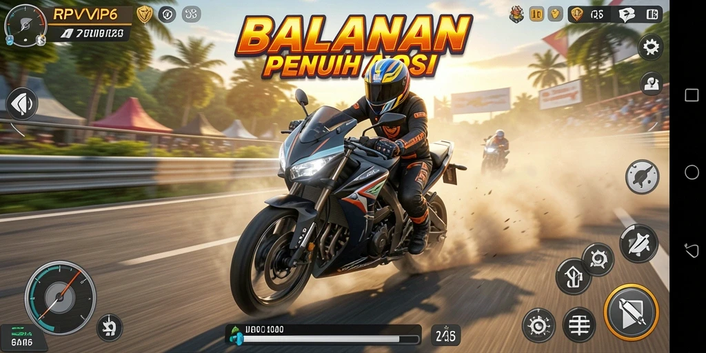 Screenshot menunjukkan aksi balapan motor yang mendebarkan dalam RPVIP6.