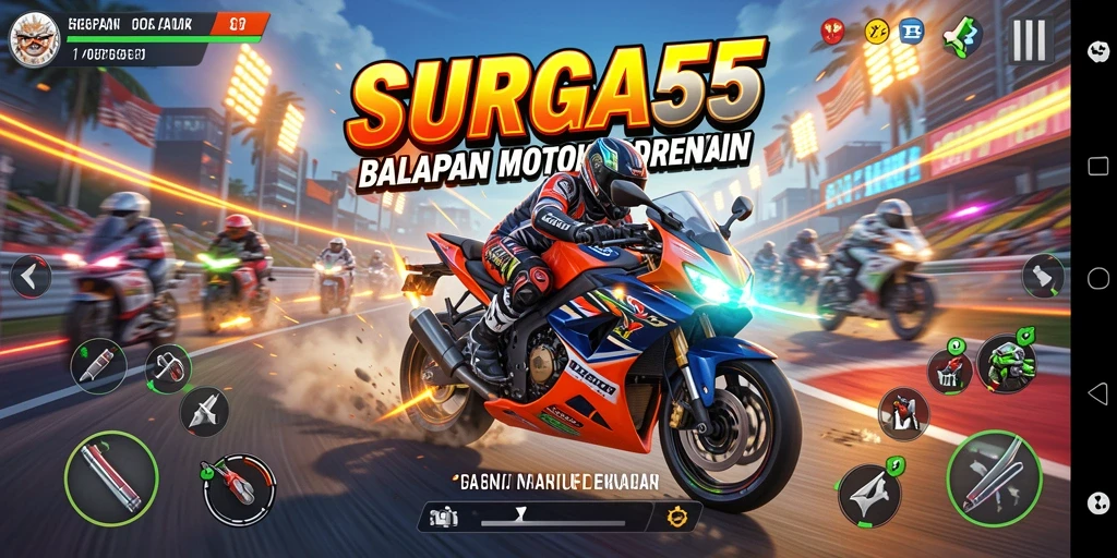 Tampilan gameplay seru dalam SURGA55 saat balapan motor di trek menantang.